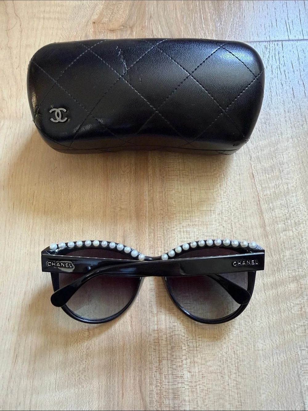 CHANEL Black Pearl-Trim Cat Eye Sunglasses